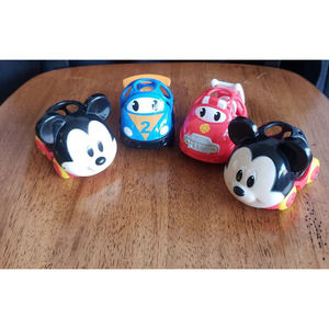 Lot of 4 OBall toy vehicles: Disney Mickey x2, red firetruck & blue race car